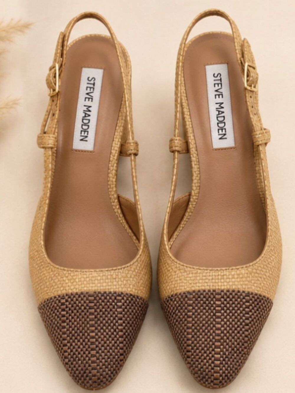 Steve Madden Woven Raffia Slingback Block Heel Pumps Tan Brown Size 8.5